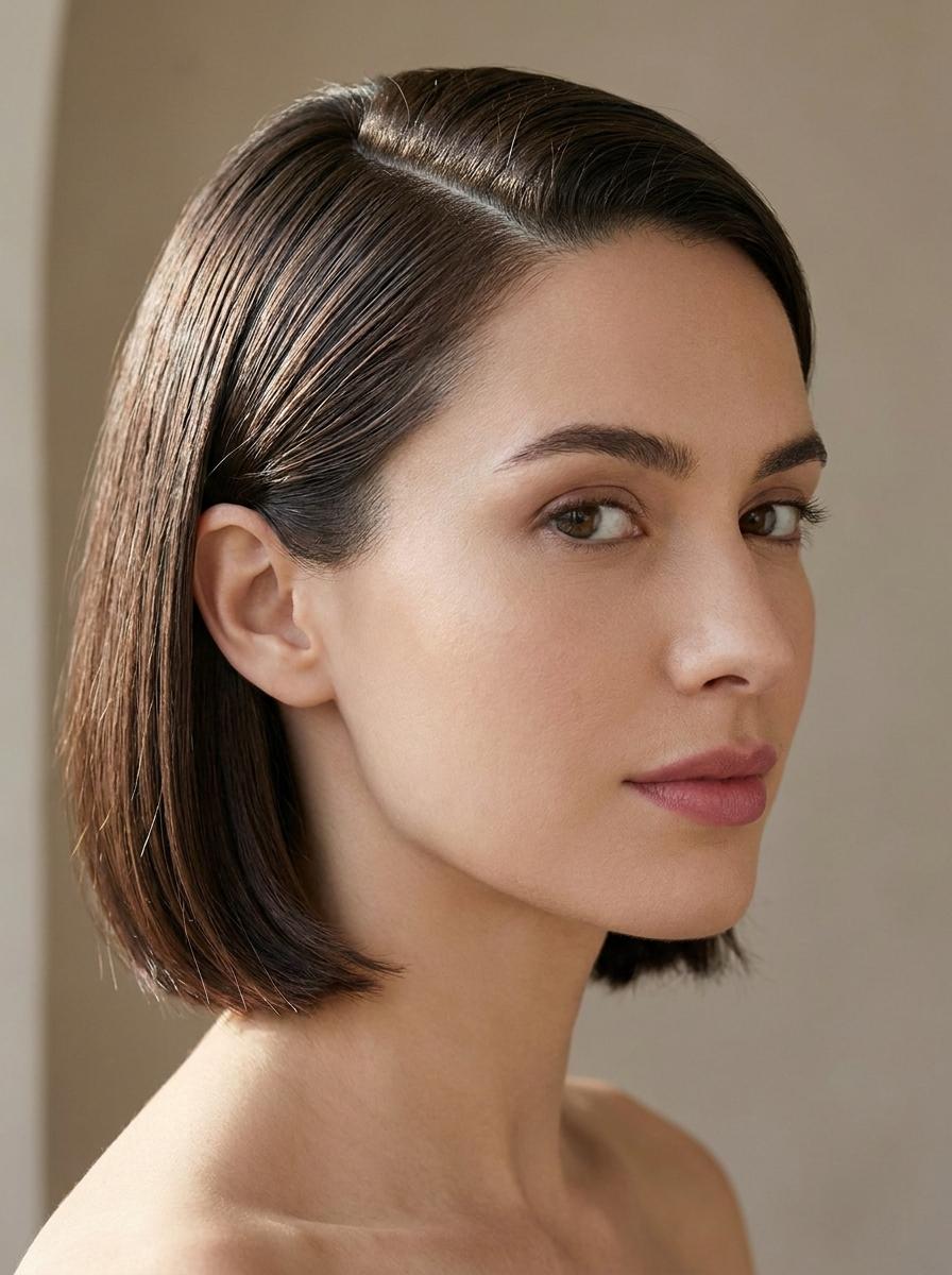 Sleek Bob mit tiefem Seitenscheitel - edle Frisur für kurze Haare